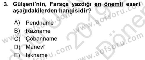 XVI. Yüzyıl Türk Edebiyatı Dersi 2019 - 2020 Yılı (Final) Dönem Sonu Sınav Soruları 3. Soru