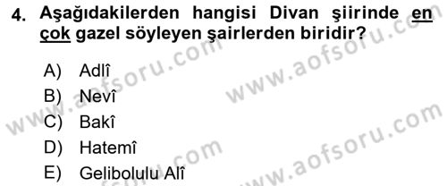 XVI. Yüzyıl Türk Edebiyatı Dersi 2019 - 2020 Yılı (Final) Dönem Sonu Sınav Soruları 4. Soru