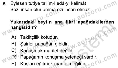 XVI. Yüzyıl Türk Edebiyatı Dersi 2019 - 2020 Yılı (Final) Dönem Sonu Sınav Soruları 5. Soru