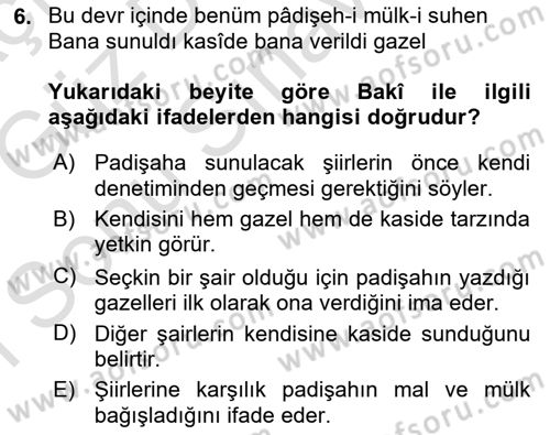 XVI. Yüzyıl Türk Edebiyatı Dersi 2019 - 2020 Yılı (Final) Dönem Sonu Sınav Soruları 6. Soru
