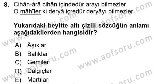 XVI. Yüzyıl Türk Edebiyatı Dersi 2019 - 2020 Yılı (Final) Dönem Sonu Sınav Soruları 8. Soru