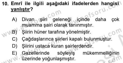XVI. Yüzyıl Türk Edebiyatı Dersi 2020 - 2021 Yılı Yaz Okulu Sınav Soruları 10. Soru