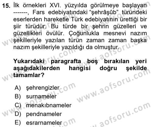 XVI. Yüzyıl Türk Edebiyatı Dersi 2020 - 2021 Yılı Yaz Okulu Sınav Soruları 15. Soru