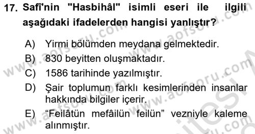 XVI. Yüzyıl Türk Edebiyatı Dersi 2020 - 2021 Yılı Yaz Okulu Sınav Soruları 17. Soru