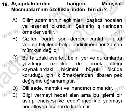 XVI. Yüzyıl Türk Edebiyatı Dersi 2020 - 2021 Yılı Yaz Okulu Sınav Soruları 18. Soru