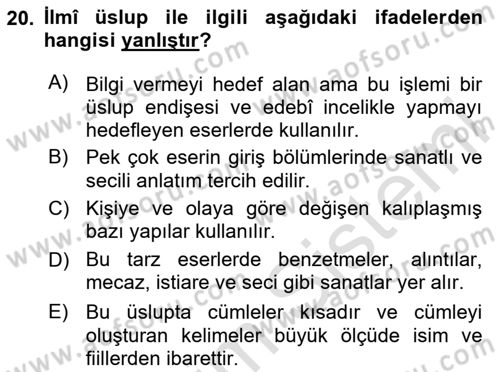 XVI. Yüzyıl Türk Edebiyatı Dersi 2020 - 2021 Yılı Yaz Okulu Sınav Soruları 20. Soru