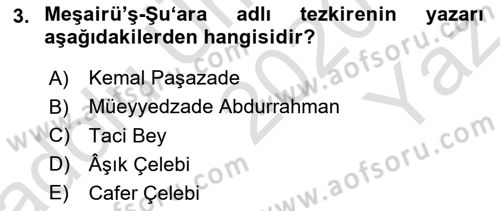 XVI. Yüzyıl Türk Edebiyatı Dersi 2020 - 2021 Yılı Yaz Okulu Sınav Soruları 3. Soru