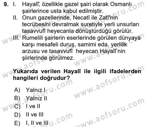 XVI. Yüzyıl Türk Edebiyatı Dersi 2020 - 2021 Yılı Yaz Okulu Sınav Soruları 9. Soru
