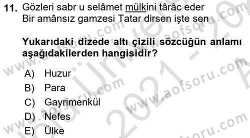 XVI. Yüzyıl Türk Edebiyatı Dersi 2021 - 2022 Yılı (Vize) Ara Sınav Soruları 11. Soru