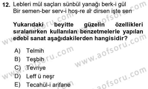 XVI. Yüzyıl Türk Edebiyatı Dersi 2021 - 2022 Yılı (Vize) Ara Sınav Soruları 12. Soru