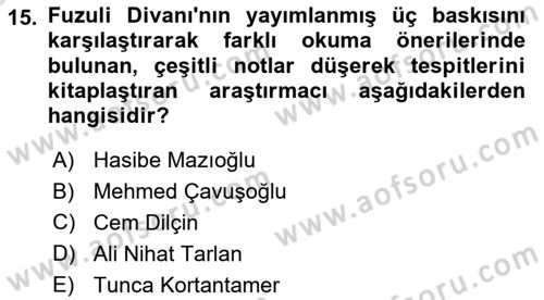 XVI. Yüzyıl Türk Edebiyatı Dersi 2021 - 2022 Yılı (Vize) Ara Sınav Soruları 15. Soru