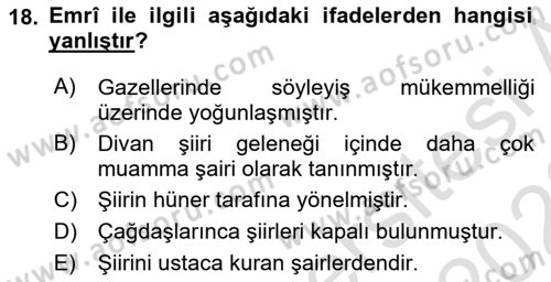 XVI. Yüzyıl Türk Edebiyatı Dersi 2021 - 2022 Yılı (Vize) Ara Sınav Soruları 18. Soru