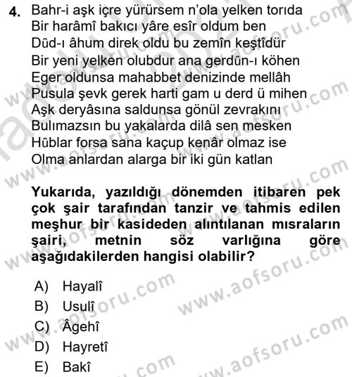 XVI. Yüzyıl Türk Edebiyatı Dersi 2021 - 2022 Yılı (Vize) Ara Sınav Soruları 4. Soru