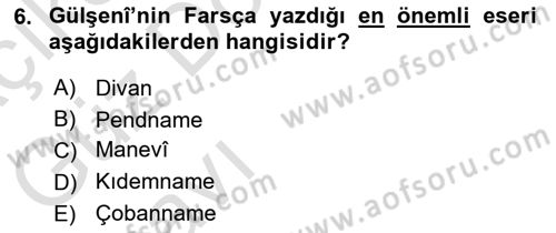 XVI. Yüzyıl Türk Edebiyatı Dersi 2021 - 2022 Yılı (Vize) Ara Sınav Soruları 6. Soru