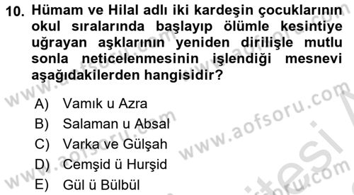 XVI. Yüzyıl Türk Edebiyatı Dersi 2021 - 2022 Yılı (Final) Dönem Sonu Sınav Soruları 10. Soru