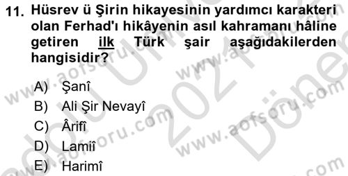 XVI. Yüzyıl Türk Edebiyatı Dersi 2021 - 2022 Yılı (Final) Dönem Sonu Sınav Soruları 11. Soru