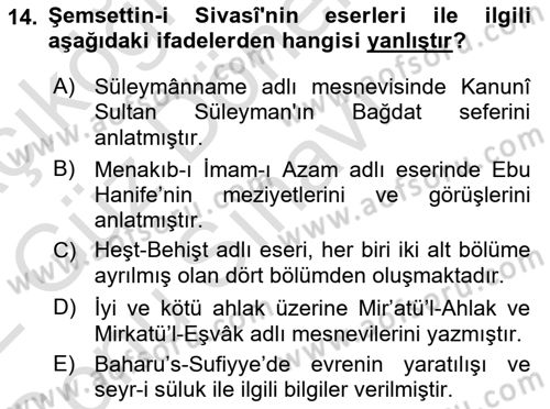 XVI. Yüzyıl Türk Edebiyatı Dersi 2021 - 2022 Yılı (Final) Dönem Sonu Sınav Soruları 14. Soru