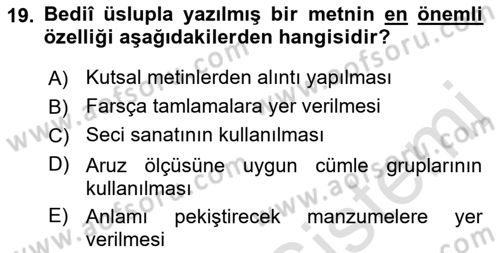 XVI. Yüzyıl Türk Edebiyatı Dersi 2021 - 2022 Yılı (Final) Dönem Sonu Sınav Soruları 19. Soru