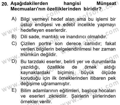 XVI. Yüzyıl Türk Edebiyatı Dersi 2021 - 2022 Yılı (Final) Dönem Sonu Sınav Soruları 20. Soru