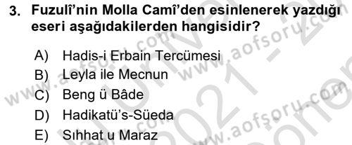 XVI. Yüzyıl Türk Edebiyatı Dersi 2021 - 2022 Yılı (Final) Dönem Sonu Sınav Soruları 3. Soru