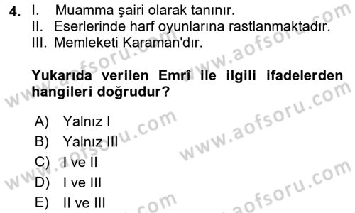 XVI. Yüzyıl Türk Edebiyatı Dersi 2021 - 2022 Yılı (Final) Dönem Sonu Sınav Soruları 4. Soru
