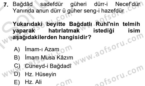 XVI. Yüzyıl Türk Edebiyatı Dersi 2021 - 2022 Yılı (Final) Dönem Sonu Sınav Soruları 7. Soru