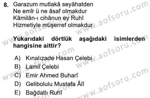 XVI. Yüzyıl Türk Edebiyatı Dersi 2021 - 2022 Yılı (Final) Dönem Sonu Sınav Soruları 8. Soru