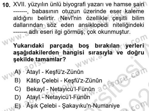 XVI. Yüzyıl Türk Edebiyatı Dersi 2021 - 2022 Yılı Yaz Okulu Sınav Soruları 10. Soru