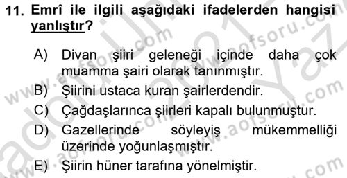 XVI. Yüzyıl Türk Edebiyatı Dersi 2021 - 2022 Yılı Yaz Okulu Sınav Soruları 11. Soru