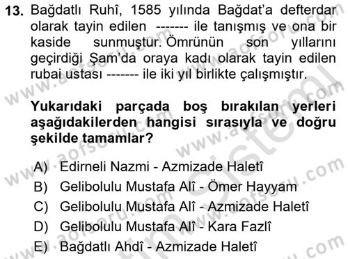 XVI. Yüzyıl Türk Edebiyatı Dersi 2021 - 2022 Yılı Yaz Okulu Sınav Soruları 13. Soru