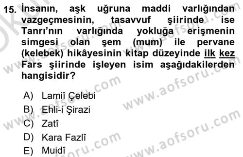 XVI. Yüzyıl Türk Edebiyatı Dersi 2021 - 2022 Yılı Yaz Okulu Sınav Soruları 15. Soru