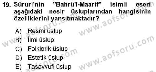 XVI. Yüzyıl Türk Edebiyatı Dersi 2021 - 2022 Yılı Yaz Okulu Sınav Soruları 19. Soru