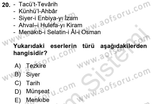 XVI. Yüzyıl Türk Edebiyatı Dersi 2021 - 2022 Yılı Yaz Okulu Sınav Soruları 20. Soru