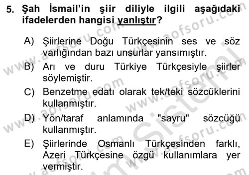 XVI. Yüzyıl Türk Edebiyatı Dersi 2021 - 2022 Yılı Yaz Okulu Sınav Soruları 5. Soru