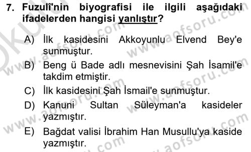 XVI. Yüzyıl Türk Edebiyatı Dersi 2021 - 2022 Yılı Yaz Okulu Sınav Soruları 7. Soru