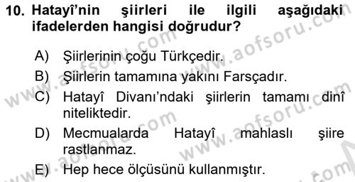 XVI. Yüzyıl Türk Edebiyatı Dersi 2022 - 2023 Yılı (Vize) Ara Sınav Soruları 10. Soru