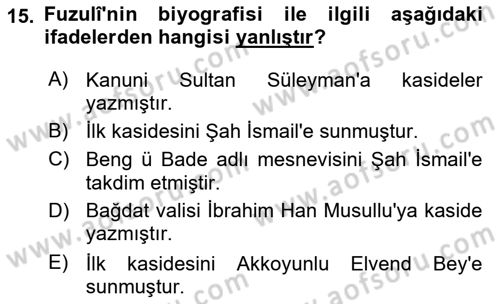 XVI. Yüzyıl Türk Edebiyatı Dersi 2022 - 2023 Yılı (Vize) Ara Sınav Soruları 15. Soru