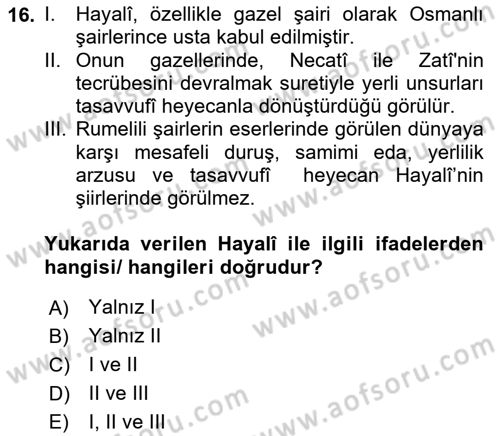 XVI. Yüzyıl Türk Edebiyatı Dersi 2022 - 2023 Yılı (Vize) Ara Sınav Soruları 16. Soru