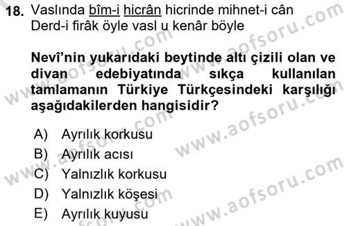 XVI. Yüzyıl Türk Edebiyatı Dersi 2022 - 2023 Yılı (Vize) Ara Sınav Soruları 18. Soru