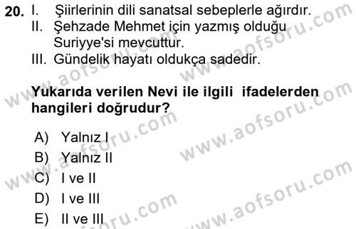 XVI. Yüzyıl Türk Edebiyatı Dersi 2022 - 2023 Yılı (Vize) Ara Sınav Soruları 20. Soru