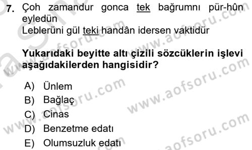 XVI. Yüzyıl Türk Edebiyatı Dersi 2022 - 2023 Yılı (Vize) Ara Sınav Soruları 7. Soru
