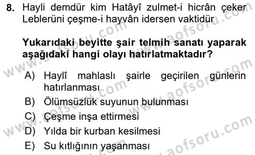 XVI. Yüzyıl Türk Edebiyatı Dersi 2022 - 2023 Yılı (Vize) Ara Sınav Soruları 8. Soru