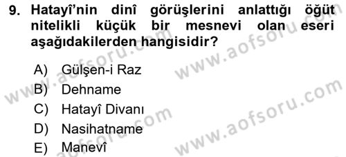XVI. Yüzyıl Türk Edebiyatı Dersi 2022 - 2023 Yılı (Vize) Ara Sınav Soruları 9. Soru