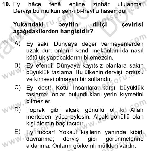 XVI. Yüzyıl Türk Edebiyatı Dersi 2022 - 2023 Yılı (Final) Dönem Sonu Sınav Soruları 10. Soru