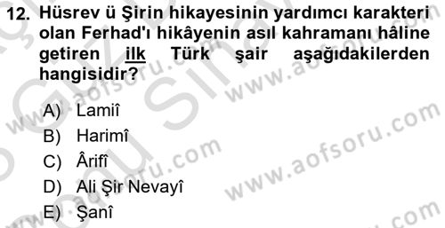 XVI. Yüzyıl Türk Edebiyatı Dersi 2022 - 2023 Yılı (Final) Dönem Sonu Sınav Soruları 12. Soru