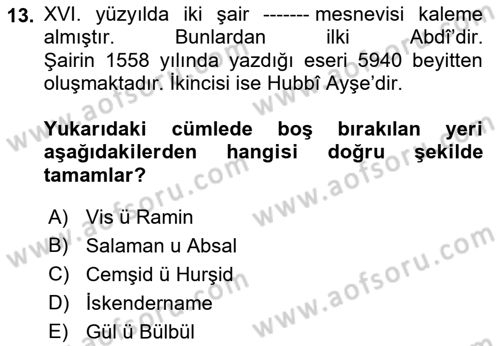 XVI. Yüzyıl Türk Edebiyatı Dersi 2022 - 2023 Yılı (Final) Dönem Sonu Sınav Soruları 13. Soru