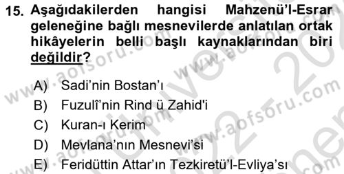 XVI. Yüzyıl Türk Edebiyatı Dersi 2022 - 2023 Yılı (Final) Dönem Sonu Sınav Soruları 15. Soru