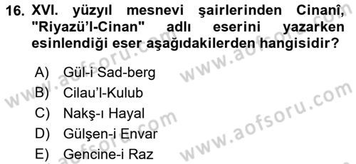 XVI. Yüzyıl Türk Edebiyatı Dersi 2022 - 2023 Yılı (Final) Dönem Sonu Sınav Soruları 16. Soru