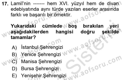 XVI. Yüzyıl Türk Edebiyatı Dersi 2022 - 2023 Yılı (Final) Dönem Sonu Sınav Soruları 17. Soru