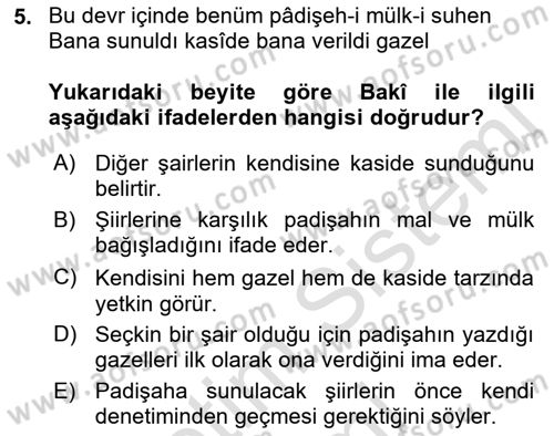 XVI. Yüzyıl Türk Edebiyatı Dersi 2022 - 2023 Yılı (Final) Dönem Sonu Sınav Soruları 5. Soru